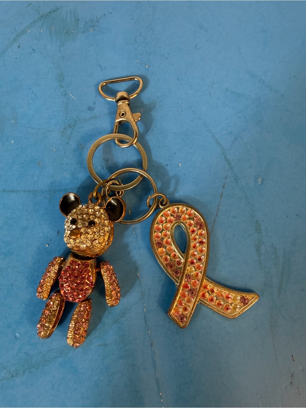 Crystal Teddy Bear & Ribbon Keychain - Pink/Gold Rhinestones
